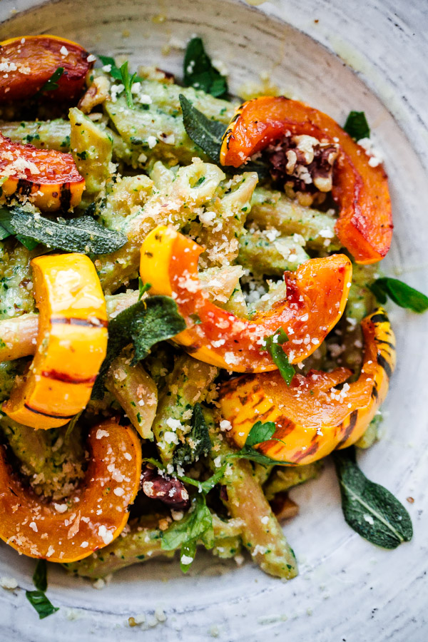 Healthy Winter Recipes: Whole Wheat Penne Pasta with Walnut-Sage Pesto and Roasted Delicate Squash