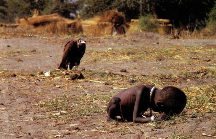 famous photo by Kevin Carter showing a small African child starving while a vulture waits behind