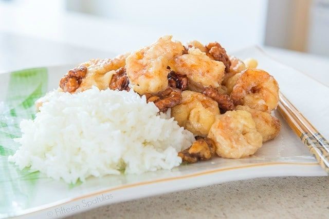 Honey Walnut Shrimp Recipe - Plated with White Rice on Platter
