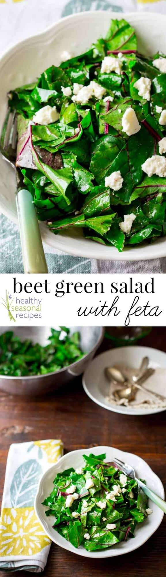 Beet Greens Salad with Feta and Killer Garlic dressing with Sherry Vinegar and Dijon on healthyseasonalrecipes.com vegetarian and wheat-free
